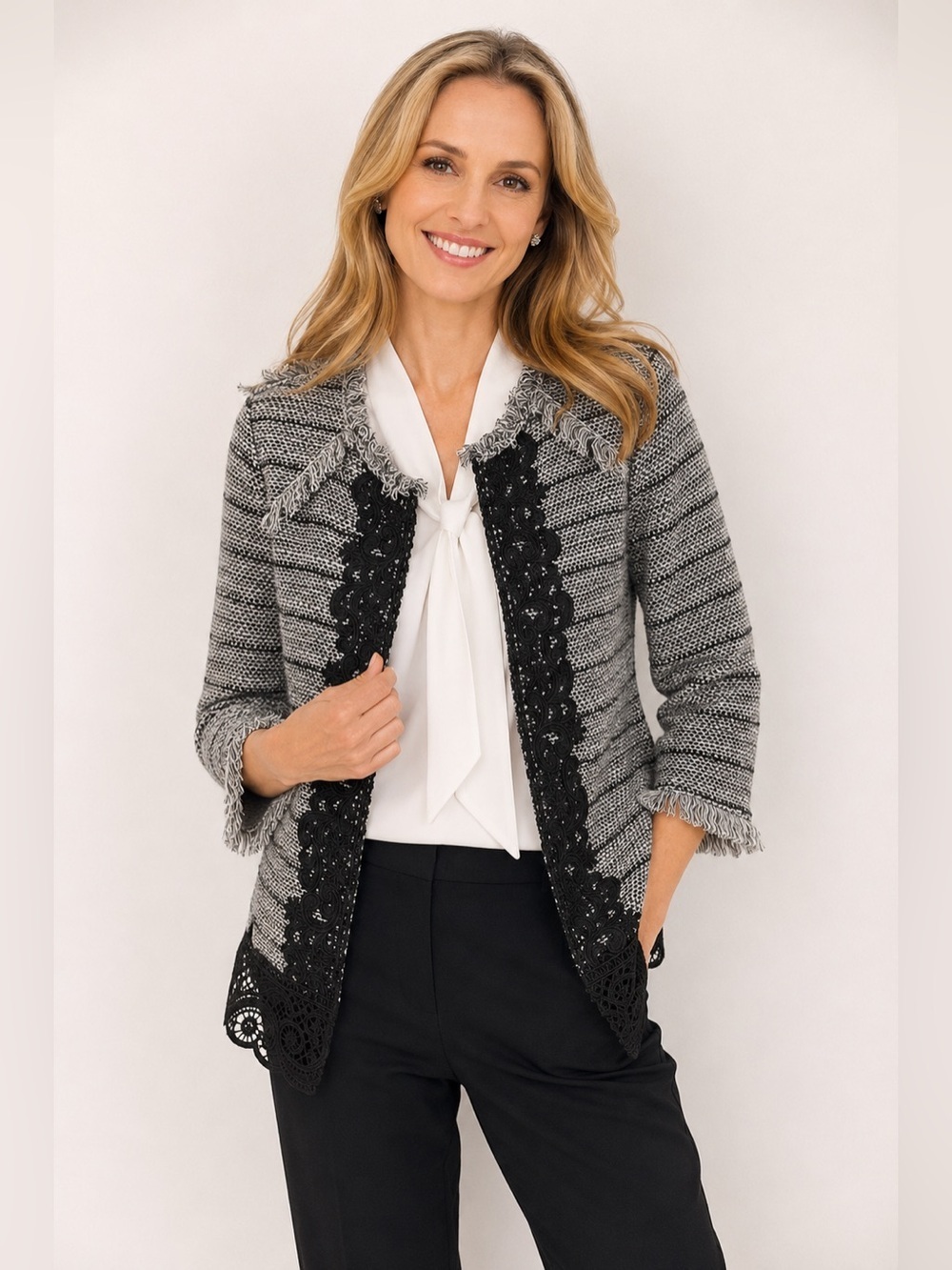 Chico’s Black White Tweed Fringe Knit Jacket Cardigan Lace Trim Open Front Sz 1